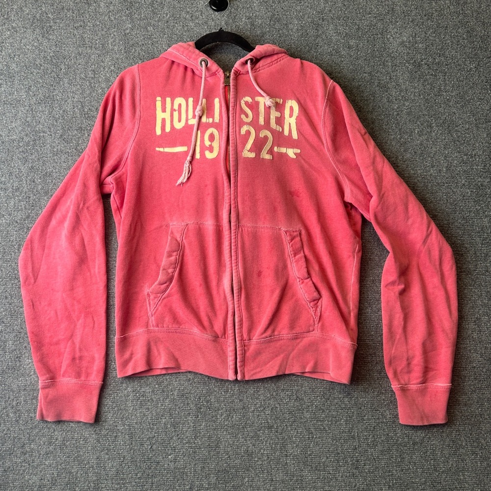 Hollister Zip Up Hoodie Womens XL Pink Graphic Y2K Surf Full Zip Sweatshirt 00s